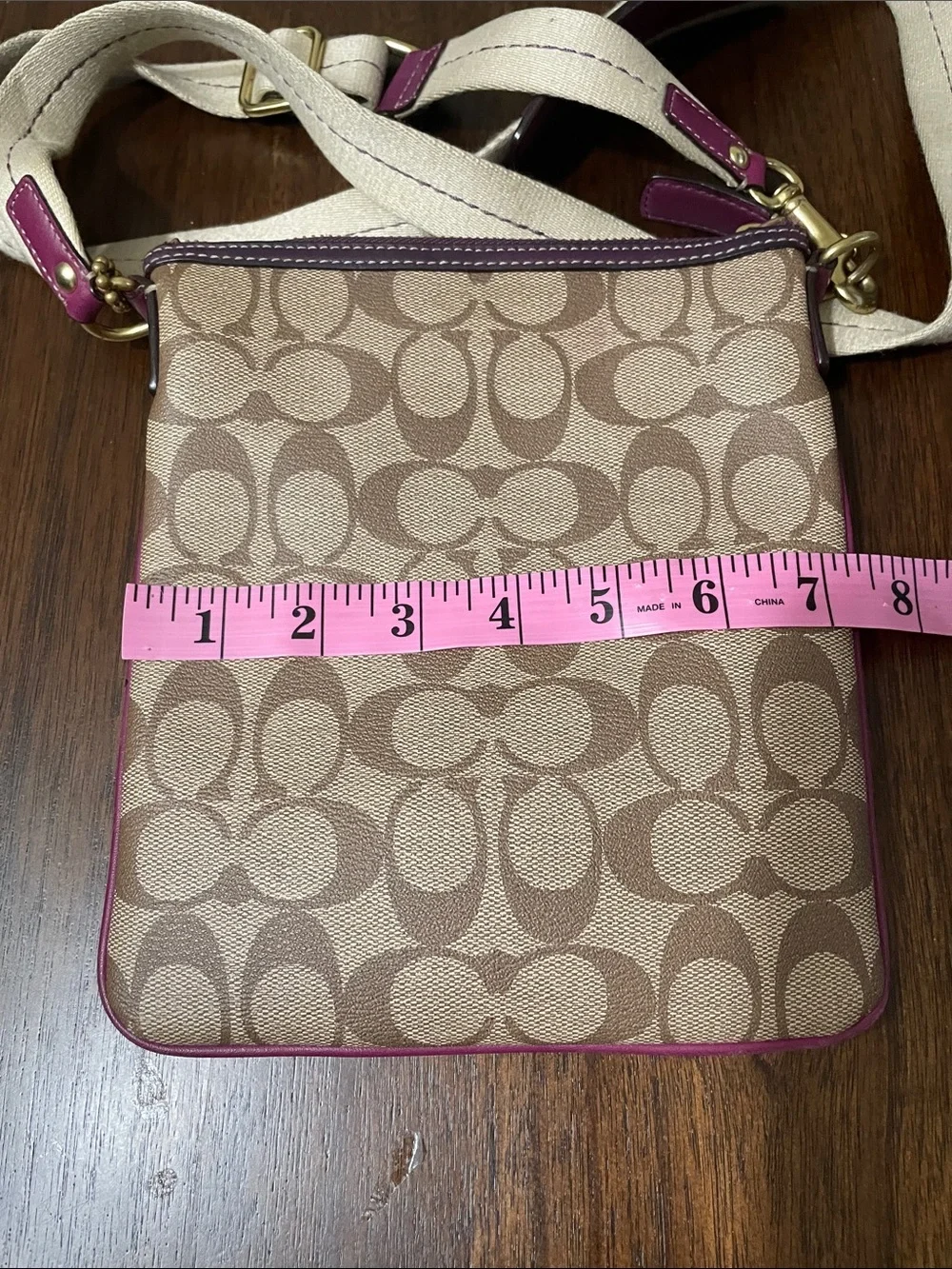 Coach Tan Signature Crossbody with Pink Stripe